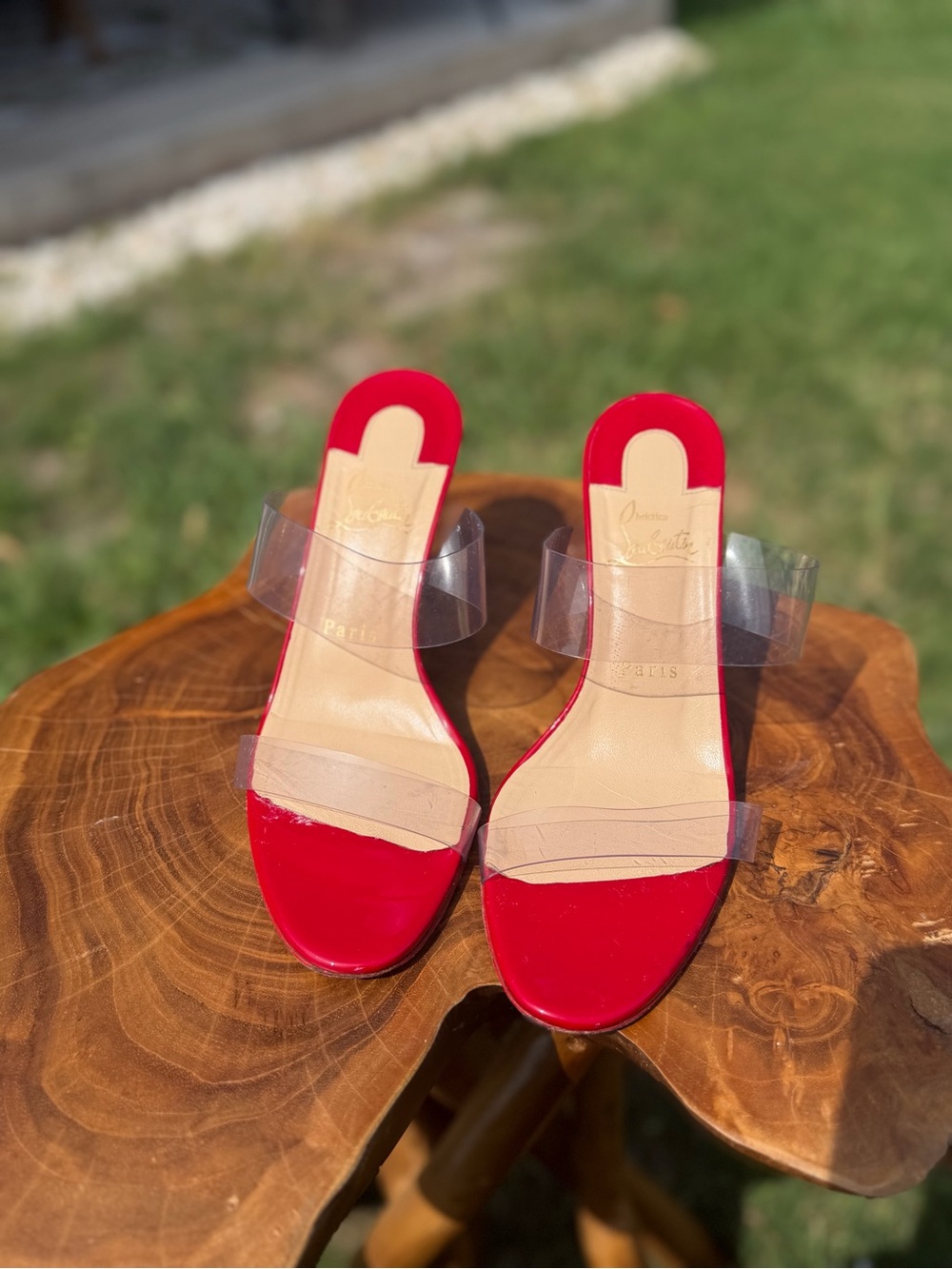 Christian Louboutin Red Patent Slide Sandals with Clear Straps - Picture 2 of 8